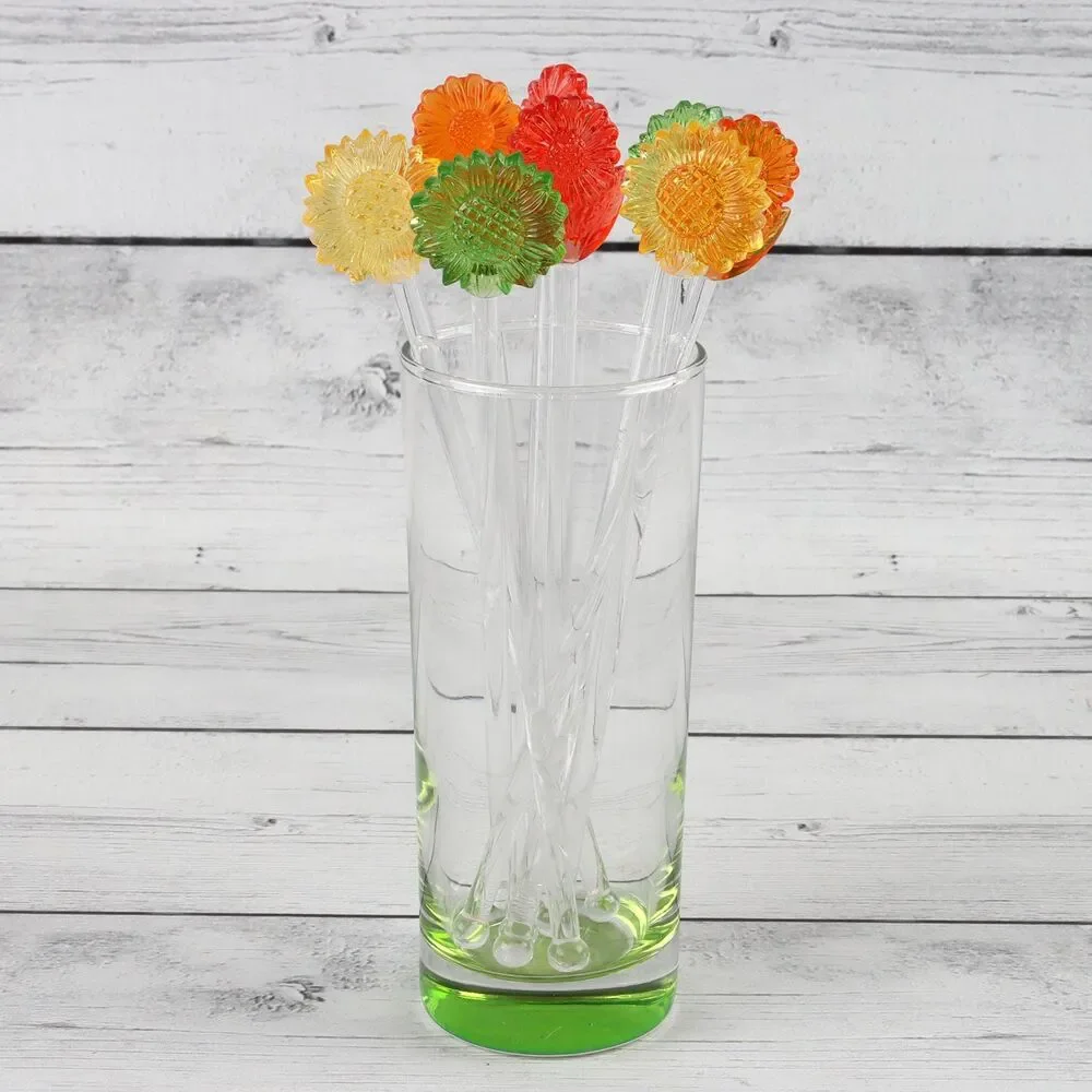 Vintage 1960s Lucite Flower Swizzle Sticks Set, Retro Cocktail Stirrers, Barware